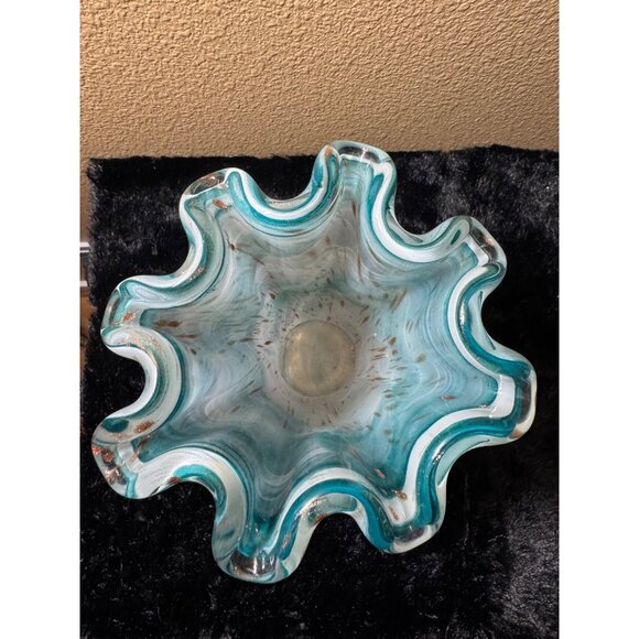 Art Glass Vase Aqua White And Gold Specks Swirl Design Ruffled Edge 10"Tall - Picture 4 of 7